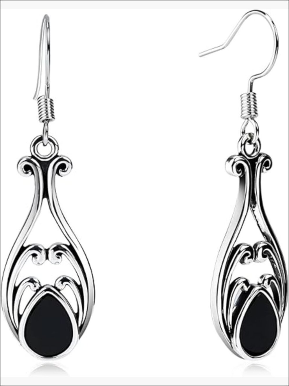 Stainless Steel Teardrop Earrings with Black Onyx Gemstone, French Hook